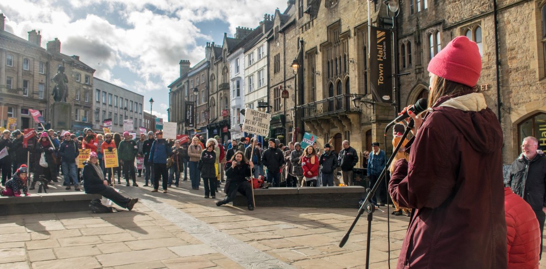Vicky Blake addresses a UCU rally in Durham marketplace